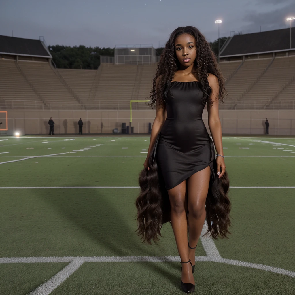 5'4 black female, ultrarealistic,  light brown skin, long dark curly hair, with hazel eyes, in a dress, at a football field at night, wearing high heels