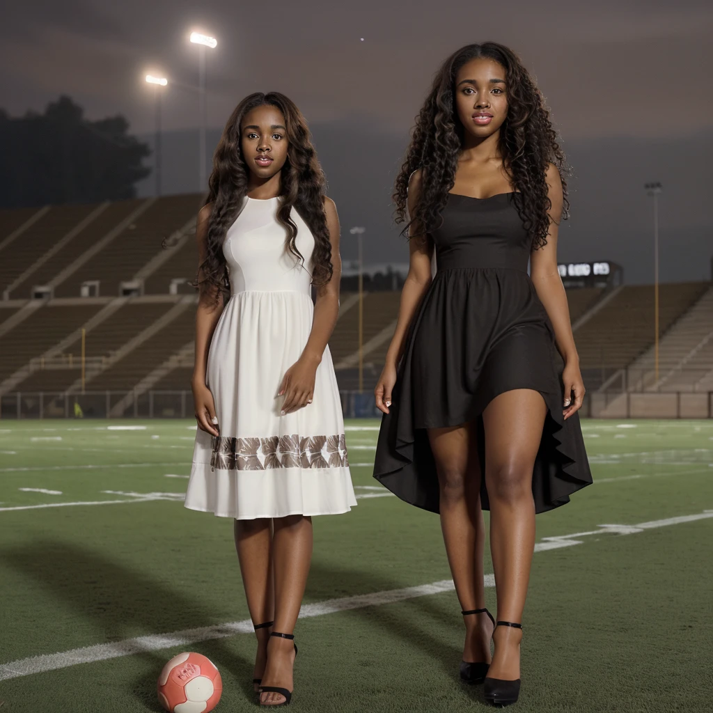 5'4 black female, ultrarealistic,  light brown skin, long dark curly hair, with hazel eyes, in a dress, at a football field at night, wearing high heels