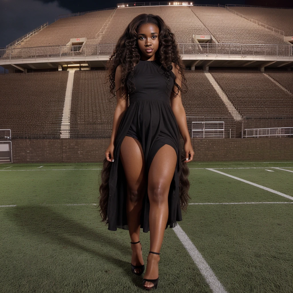 5'4 black female, ultrarealistic, light brown skin, long dark curly hair, with hazel eyes, in a dress, at a football field at night, wearing high heels
