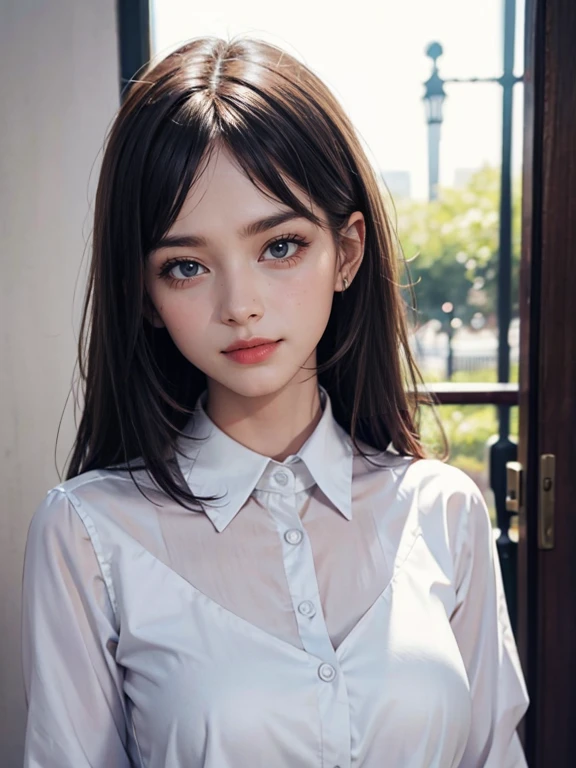 raw photo, 1girl, cute face, beautiful face, medium breast, collared blouse, White blouse, light smile, Upper body, detailed skin, pore, simple background, frontal face, wallpaper, photorealistic, anatomically correct, masterpiece, best quality, UHD,Masterpiece