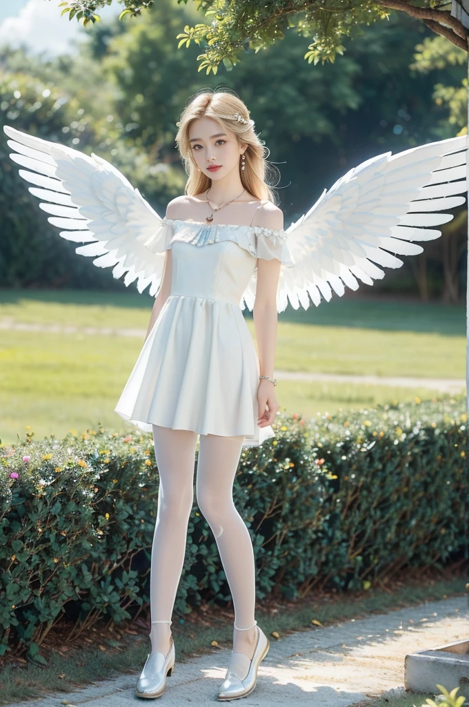 (((best quality))), (((ultra detailed))), (((masterpiece))), illustration,((1 beautiful little girl,solo,angel)),((fair skin,shoulder length straight blonde hair,blue eyes)),(earrings,crystal necklace),((slim,thin,small breasts,flat chest)),joyful expression,(white wings:1.3),(flowing short-sleeved white sheer dress:1.3),((In heaven, garden setting)), vibrant flowers,(colorful flowers:1.3),lush grass, gentle breeze, (clear sky, fluffy clouds, shining sun),((from front,standing,full body,arms behind back)),((slender legs,pantyhose,loafers))