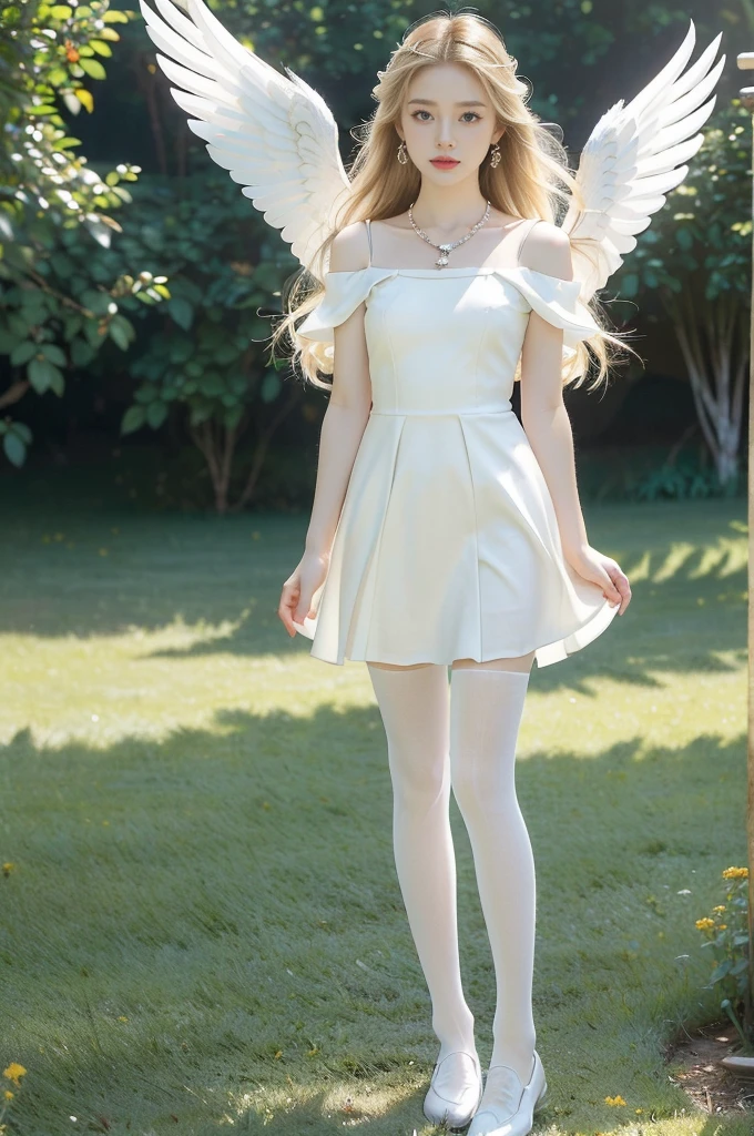 (((best quality))), (((ultra detailed))), (((masterpiece))), illustration,((1 beautiful ,solo,angel)),((fair skin,shoulder length straight blonde hair,blue eyes)),(earrings,crystal necklace),((slim,thin,small breasts,flat chest)),joyful expression,(white wings:1.3),(flowing short-sleeved white sheer dress:1.3),((In heaven, garden setting)), vibrant flowers,(colorful flowers:1.3),lush grass, gentle breeze, (clear sky, fluffy clouds, shining sun),((from front,standing,full body,arms behind back)),((slender legs,pantyhose,loafers))