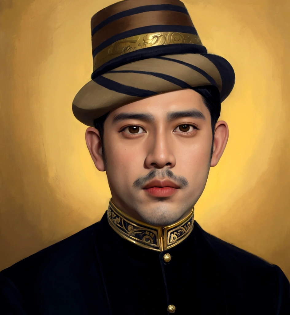 painting of a man in a hat and jacket with a gold background, inspired by Carlos Saenz de Tejada, traditional portrait, inspired by Basuki Abdullah, brown skin man egyptian prince, detailed color portrait, inspired by Benito Quinquela Martín, inspired by Altoon Sultan, inspired by Carlos Francisco Chang Marín, jotaro kujo