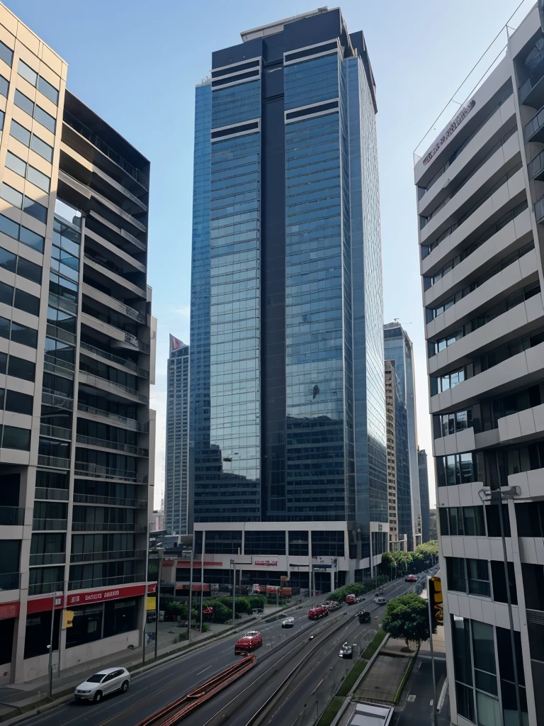 There is a fire on the fifth floor of a building. Four people are running inside the house. People below are standing and watching. There are tall buildings around the building. There is a traffic jam below the building.