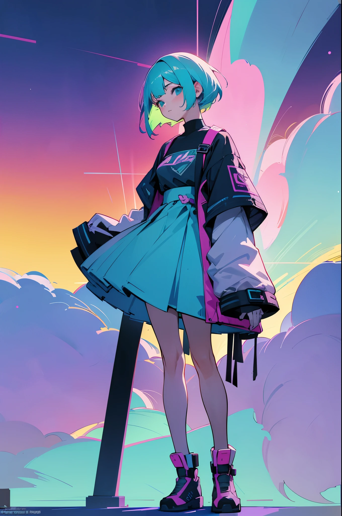 complex costume, Cool costume blueprint, intricate clothing, Green hair, Full body, ASCII art style girls, Aesthetic, still from anime, anime still image, Anime screenshot patterns, retro anime , beautiful girls face, Anime Girl, Low girl aesthetics, The aesthetics of anime in the 90s, digital anime, Beautiful cute lighting, Looking at Viewer, Full body, Simple hair, The aesthetics of vaporwave, Anime, 64 pixel art, Pixel art, Streetwear Design, Provector, Pixel -bit style, Full Design, Only 5 colors, solid color, No shadows, Full Design, neon color, Bright colors, Galactic Environment, Whimsical capture, in 8K, Vivid, Ultra Details, colorful lighting, Surreal Photography, Portrait, Fancy, Cute, Bob Hair, Neon light, Colored inner hair, youthfulness, 10`S, neon color, It features a simple, No face