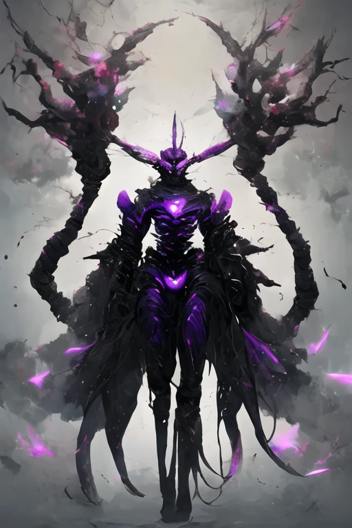 外見は黒いfog,Wearing armor,Modern Battle Suit(((detailed)))The shape is humanoid,Modern weapons(((detailed)))Has glowing red eyes,The shape is made up of purple glowing hearts.,Built with lightning(((detailed)))The skeleton is human-like and muscle fibers are visible.,fogのようなもので獲物を探す(((detailed)))Barren Land,dead tree,fog,A world of chaos(((detailed)))Full Body Shot,Highest quality。