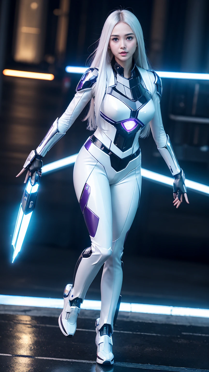 1girl, ultra realistic, ultra crisp, NVIDIA RTX, unreal engine, perfect slim body, realistic face, perfect face, realistic body, epic skin details, white hair, hair blown with strong winds, hyper rendering, ultra details, glowing eyes, purple eyes, blush, parted lips, cybernetic ear, cybernetic metalic hands, cybernetic metalic legs, luminous cybernetic futuristic metalic mechanical body, ultra realistic lights reflection details, ((full body shown)), from below, posing in the middle.