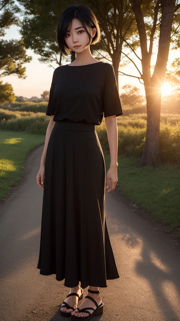 ((Best quality))((realistic))((full body))((face detail))A girl. Short black hair .long skirt. Sunset . Shadow shading . trees