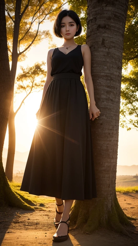 ((Best quality))((realistic))((full body))((face detail))A girl. Short black hair .long skirt. Sunset . Shadow shading . trees