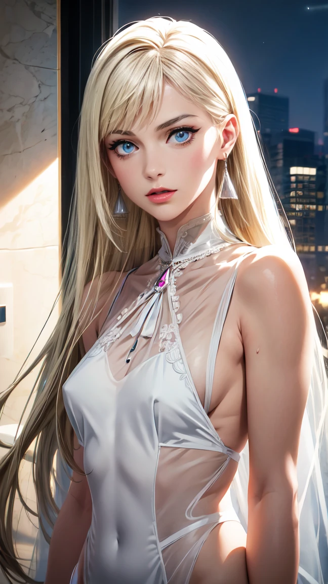 {{{masterpiece}}},{{{{{official art}}}}},{{{high quality}}},{{{best quality}}},{{{{8K_wallpaper}}}},{{{{extremely detailed eyes}}}},{{{{extremely detailed body}}}},{{{{extremely detailed finger}}}},Detailed and beautiful eyes,(Detailed eyelashes:1.3),Symmetrical eyes、gigiandalucia,1girl, long hair,blonde hair,triangle earrings,makeup,blue eyes,lipstick,wearing white Halter neck lace teddy with peek-a-boo cups ,((upper body:1.3)),Luxury high-rise hotel suite,darkness:1.3,Night view