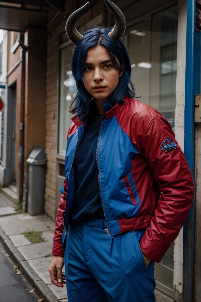 People with blue horns wear red jackets and blue trousers character