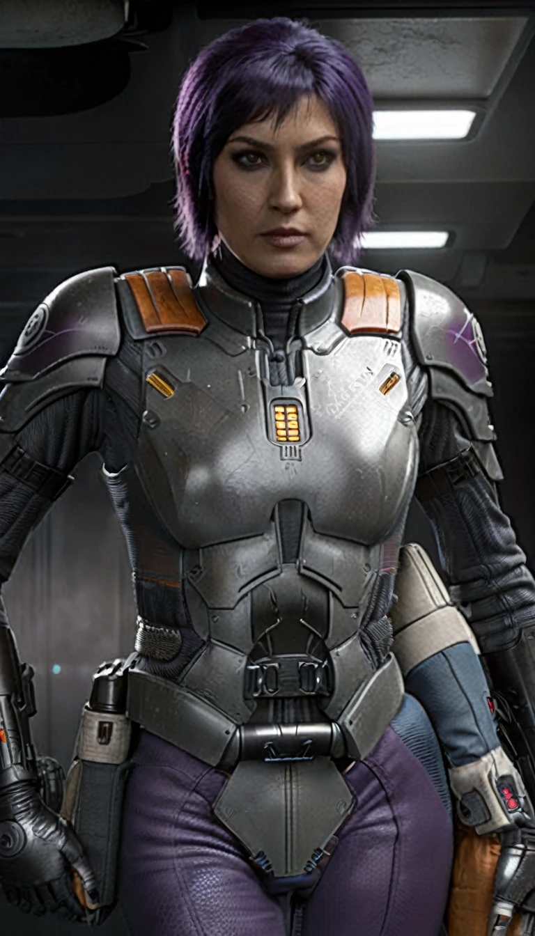 professional 3d model Cinematic scene, sabine wren, SILVER armor (HUGE BREASTS), Ghost in the Shell, detailed background, masterpiece, best quality, high quality, highres, absurdres . octane render, highly detailed, volumetric, dramatic lighting
