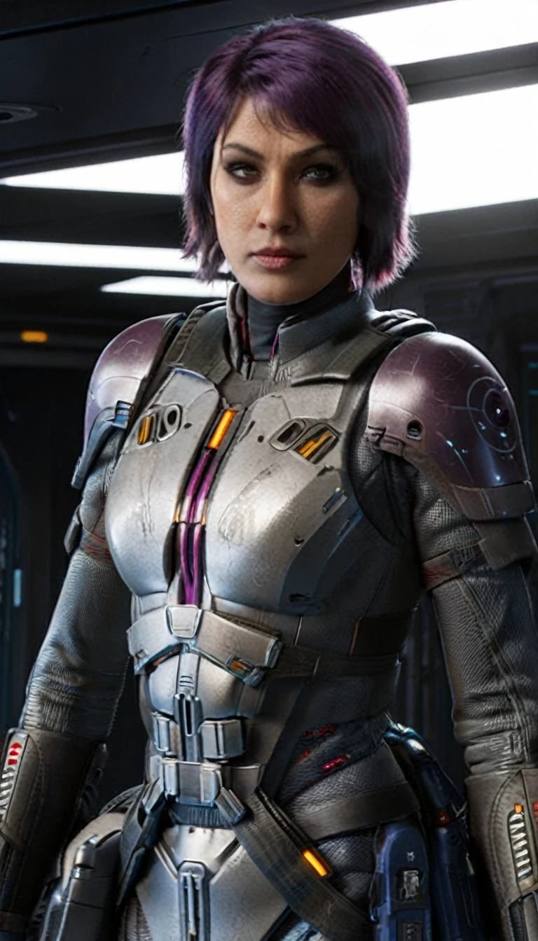 professional 3d model Cinematic scene, sabine wren, SILVER armor (HUGE BREASTS), Ghost in the Shell, detailed background, masterpiece, best quality, high quality, highres, absurdres . octane render, highly detailed, volumetric, dramatic lighting