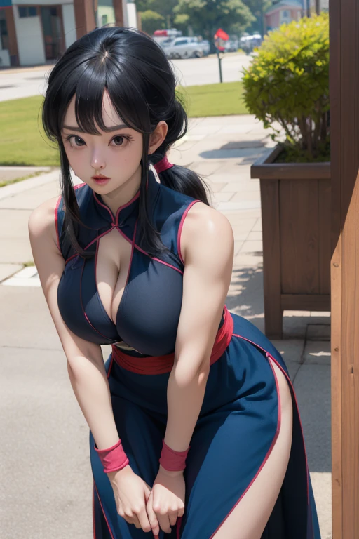 masterpiece, best quality, high resolution, Dragon Ball, Bbchichi, (Low Ponytail:1.1),,(((Full and soft breasts,)))(((Huge breasts))) (((Cleavage))) (Perfect curvy figure), black eyes, Chinese clothes, Blue Dress, sleeveless, Wristband, sash, Lean forward, permanent, outdoor,