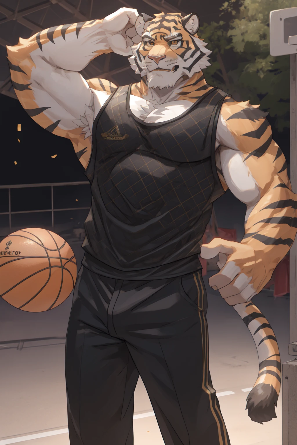 Oscar, male, tiger, buff, wearing a tank top, black pants, smiling, hairy armpits, playing basketball, hd 8k