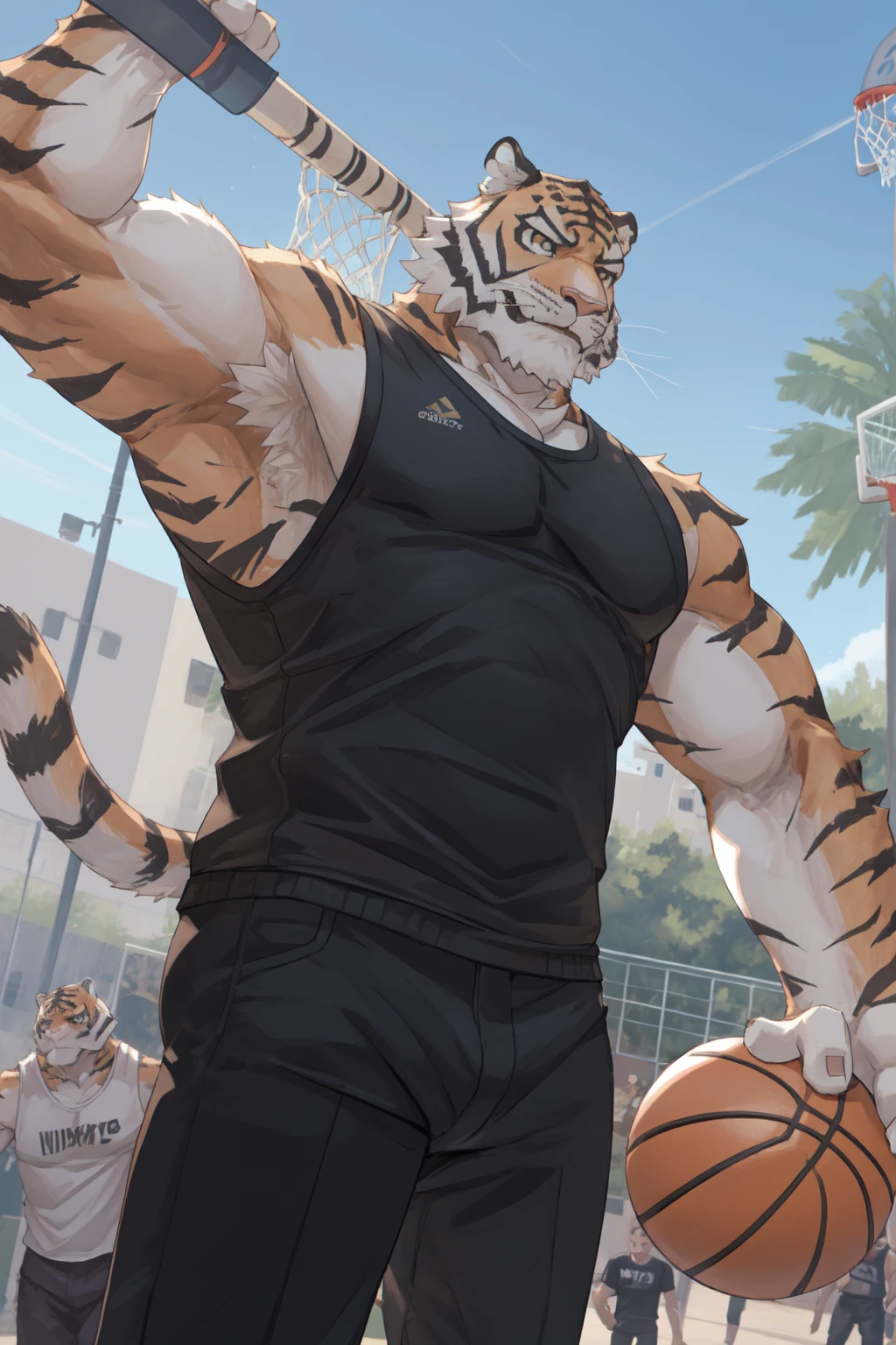 Oscar, male, tiger, buff, wearing a tank top, black pants, smiling, hairy armpits, playing basketball, hd 8k