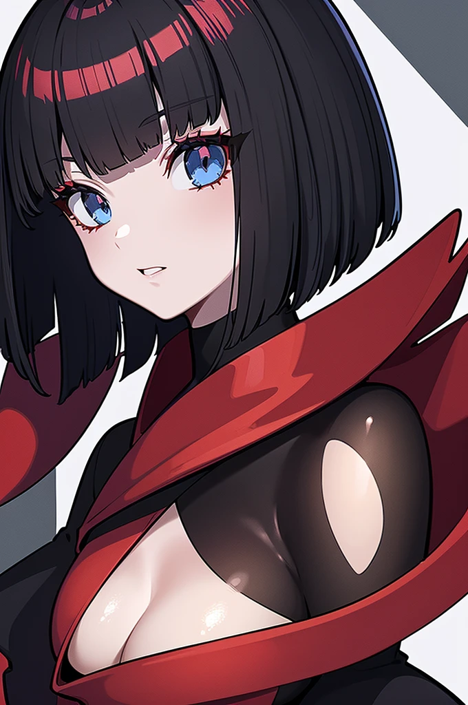 a beautiful girl with long red hair wearing a black dress, detailed facial features, bob haircut, full body illustration, woman wearing a long black and red coat, solo character, white background, anime style, highly detailed, photorealistic, 8k, best quality, masterpiece, blue eyes, short hair