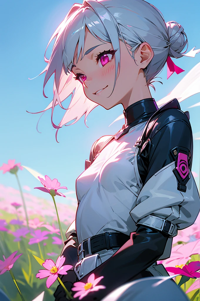 1 girl、riders jacket、small 、Silver short bob hair clip tied into a bun、shining pink eyes、strong pleasure on the face、From the side、gloves、evil smile、A meadow full of flowers、blown by the wind、blue sky、upper body close-up、sharp outline