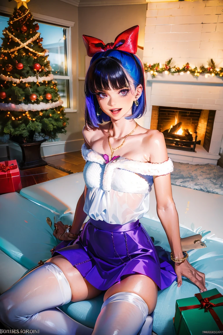 1 Girl, Bangs, Blue Hair, bow, Box, bracelet, Christmas, Christmas tree, Cowboy shooting, skirt, earrings, Fishing Net, flower, Gift, Gift Box, Hair accessories, Hamel, Jewelry, Looking at the audience, Colorful hair, necklace, Pantyhose, Open your mouth, Purple Eyes, red skirt, Ribbon, Rose, short hair, Smile, Solitary, High Leg Raise