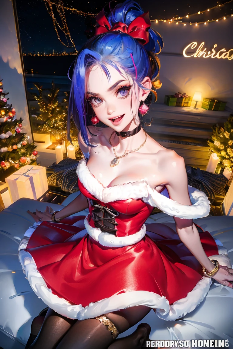 1 Girl, Bangs, Blue Hair, bow, Box, bracelet, Christmas, Christmas tree, Cowboy shooting, skirt, earrings, Fishing Net, flower, Gift, Gift Box, Hair accessories, Hamel, Jewelry, Looking at the audience, Colorful hair, necklace, Pantyhose, Open your mouth, Purple Eyes, red skirt, Ribbon, Rose, short hair, Smile, Solitary, High Leg Raise