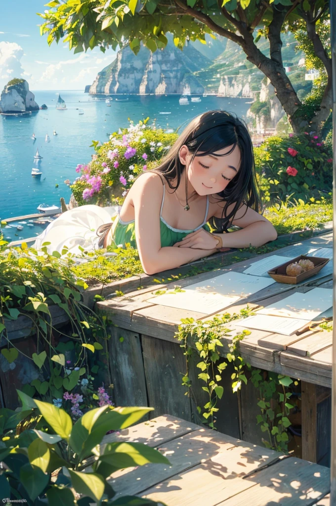 (best quality, masterpiece, ultra highres, ultra-detailed:1.2) ,(girl sleeping in the sun),tween,closed eyes,smile,soft lighting,The background features rocky cliffs overlooking the sea, boats floating on it, green plants, (from above),and sunlight shining through them onto her face. wearing camisole. creating a warm atmosphere.(Capri, Italy),(claude monet:1.2)