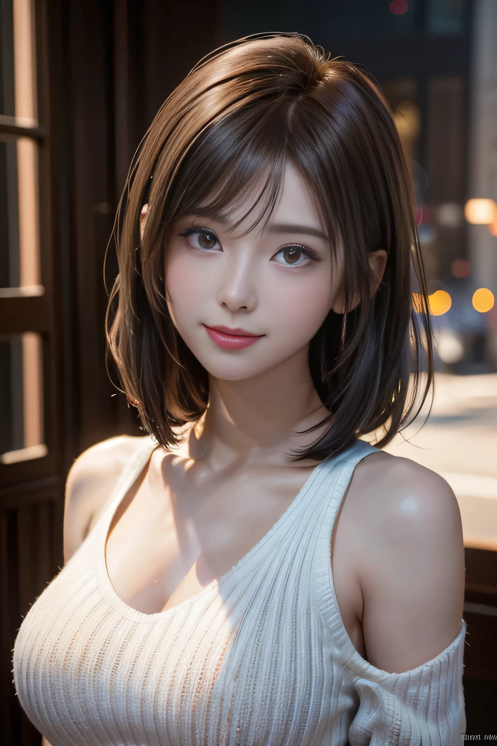 (logo, masterpiece, 8K, Tabletop, RAW Photos, wonderful, 最high quality, Photorealistic and very detailed CG synthesis 8K wallpaper, high quality, Very detailed, Narrative poem, Particle Effects, Dynamic Effects, Depth of the Boundary, Cinematic Light, Lens flare, Ray Tracing), short hair beautiful woman, Tie your hair back, Skin with attention to detail, Very fine, Fine skin, Beautiful Face, Realistic eyes, Beautiful and detailed, Realistic Skin, Beautiful Skin, surreal, Smiling Eyes, Hair and light eyes, Vibrant, Colorful lights and bokeh. The lighting casts a warm glow on her face and hair.. Creates a dreamy and magical atmosphere, Big Breasts, Brown Hair, short hair, plump lower lip, Pink blush on cheeks , Pink Lips, Brown tight no-shoulder knit sweater