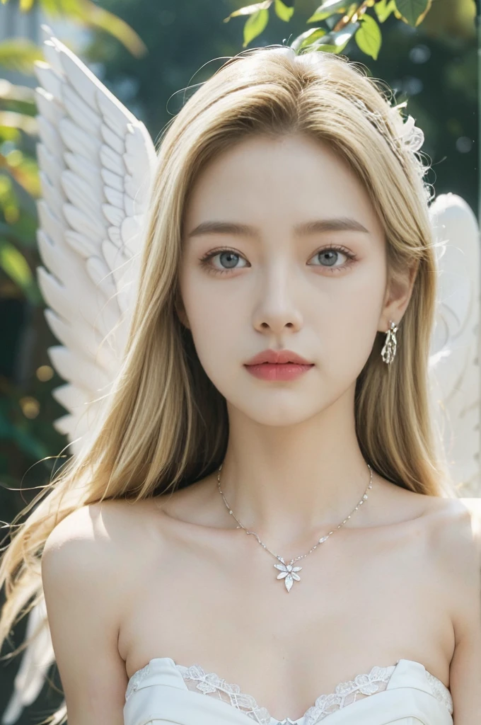 (((best quality))), (((ultra detailed))), (((masterpiece))), illustration,((1 beautiful  girl,solo,angel)),((fair skin,shoulder length straight blonde hair,blue eyes)),(earrings,crystal necklace),((slim,thin,small breasts,flat chest)),joyful expression,(white wings:1.3),(strapless white sheer bra:1.3),((In heaven, garden setting)), vibrant flowers,(colorful flowers:1.3),lush grass, gentle breeze, (clear sky, fluffy clouds, shining sun),((from front,close-up of face)),