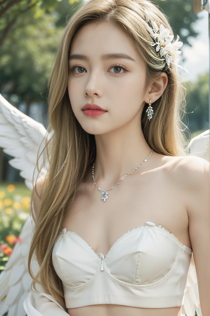 (((best quality))), (((ultra detailed))), (((masterpiece))), illustration,((1 beautiful ,solo,angel)),((fair skin,shoulder length straight blonde hair,blue eyes)),(earrings,crystal necklace),((slim,thin,small breasts,flat chest)),joyful expression,(white wings:1.3),(strapless white sheer bra:1.3),((In heaven, garden setting)), vibrant flowers,(colorful flowers:1.3),lush grass, gentle breeze, (clear sky, fluffy clouds, shining sun),((from front,close-up of face)),