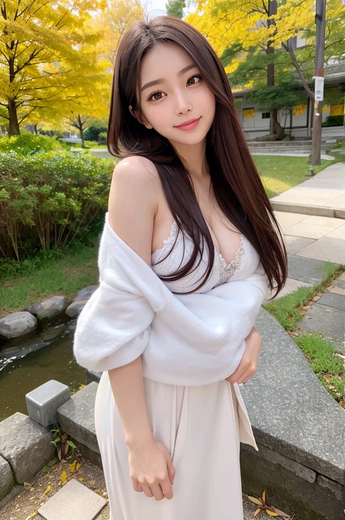 8K Super Resolution、Beauty、One Lady、Dark Brown Hair:1.1、Ultra-detailed face、Detailed lips、important、(Eyes meet)、double eyelid、Princess Eyes、 Beautiful Japanese Woman、Beautiful Japanese Woman、 Sensual lips、Bewitching body、Bust size 82、8 Life-size、Standing in a provocative pose facing forward with a well-balanced, natural body、Girlfriend in her 20s、(28 years old)、far and near method、Smiling with a nice smile、 ワインcolorワンピースドレスを着て、Hair blowing in the wind、Clear images、The sparkle of tiny eyes、Fine autumn leaves dyed red、color々Hair style、