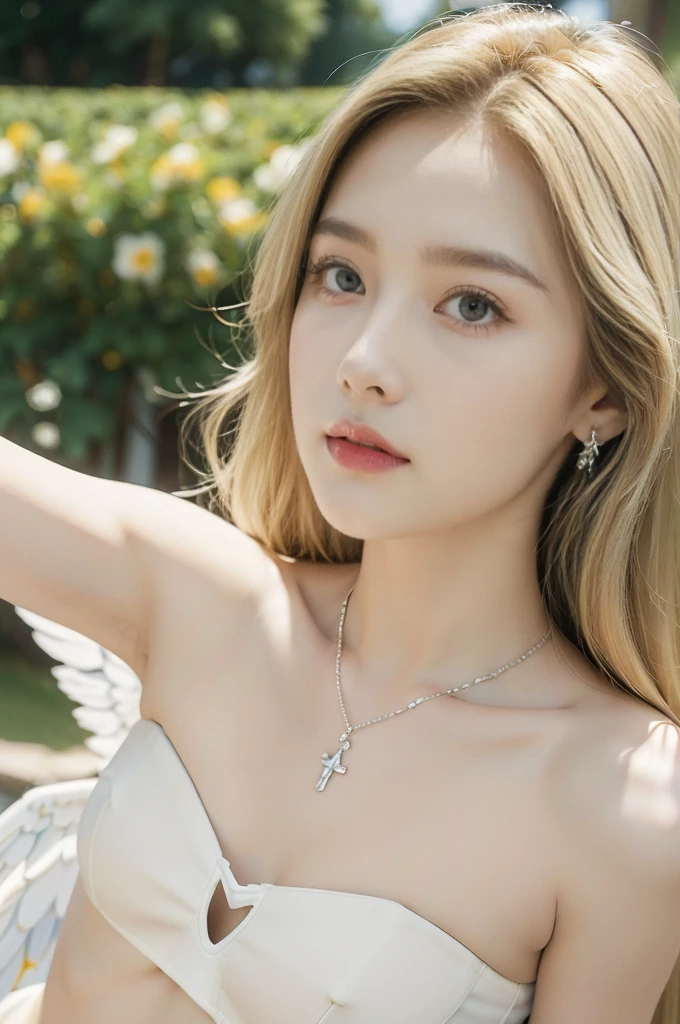 (((best quality))), (((ultra detailed))), (((masterpiece))), illustration,((1 beautiful ,solo,angel)),((fair skin,shoulder length straight blonde hair,blue eyes)),(earrings,crystal necklace),((slim,thin,small breasts,flat chest)),joyful expression,(white wings:1.3),(strapless white sheer bra:1.3),((In heaven, garden setting)), vibrant flowers,(colorful flowers:1.3),lush grass, gentle breeze, (clear sky, fluffy clouds, shining sun),((from front,close-up of face)),