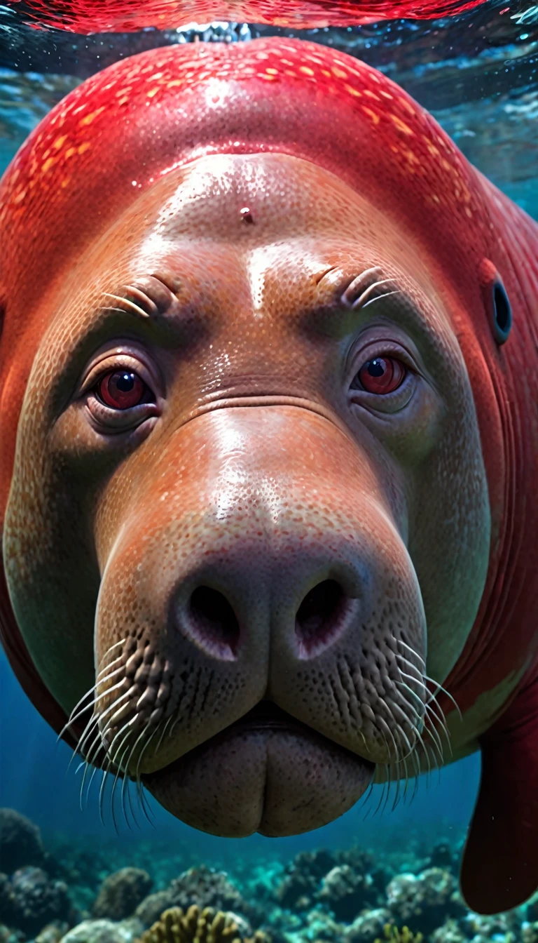 The best quality of the red dugong with a human face under the water,4K,8K,High level,masterpiece:1.2),Ultra Detailed,(lifelike,Photo real,Photo real:1.37),Highly detailed animals,Complex patterns,Realistic lighting,Fantasy Creatures