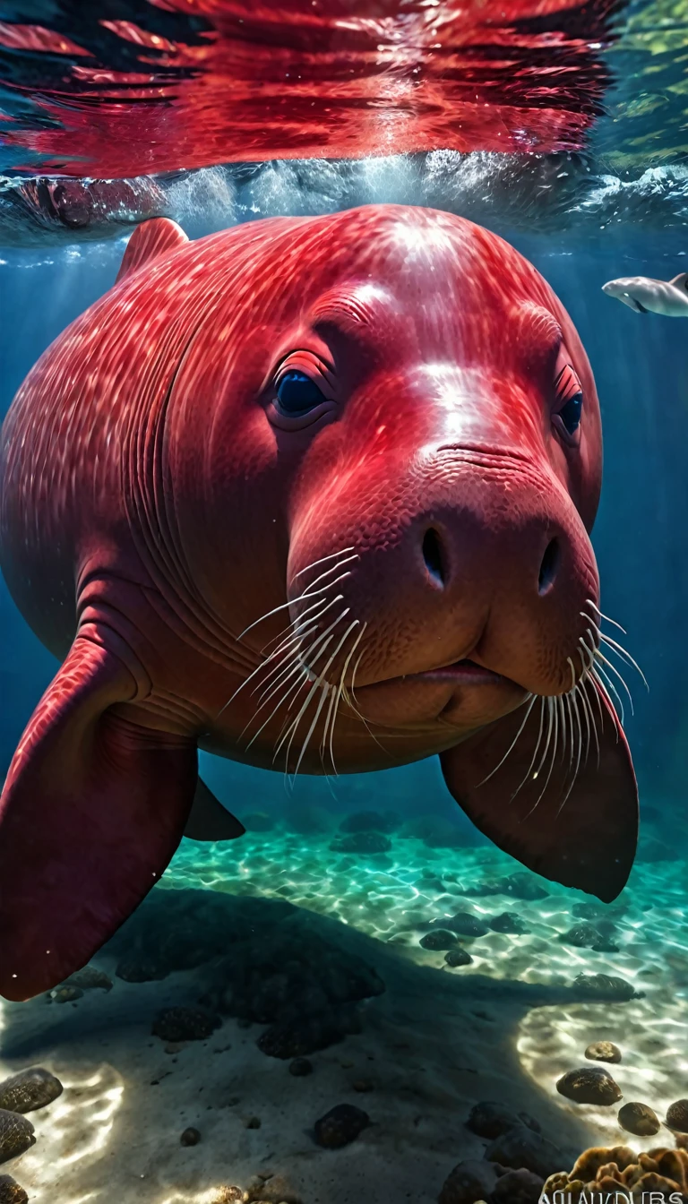 The best quality of the red dugong with a human face under the water，4K，8K，High level，masterpiece：1.2），Ultra Detailed，（lifelike，Photo real，Photo real：1.37），Highly detailed animals，Complex patterns，Realistic lighting，Fantasy Creatures