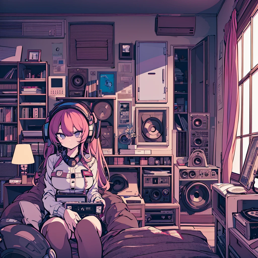 Best quality, (masterpiece:1.2), best detail face,1 girl, big breasts, 18 yo, 8k,absurdres,unity 8k wall paper,(extremely detailed:1.3), highest realistic, (retro headphones:1.1), Her room full of music equipment and records, Light clothing in summer, See the whole room, dark purple color palette, The weather outside can be seen from her room window.