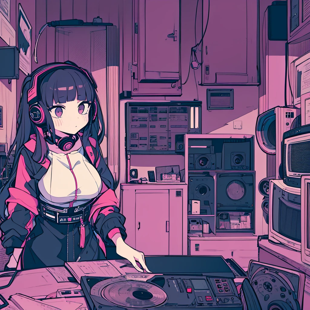 Best quality, (masterpiece:1.2), best detail face,1 girl, big breasts, 18 yo, 8k,absurdres,unity 8k wall paper,(extremely detailed:1.3), highest realistic, (retro headphones:1.1), Her room full of music equipment and records, Light clothing in summer, See the whole room, dark purple color palette, The weather outside can be seen from her room window.