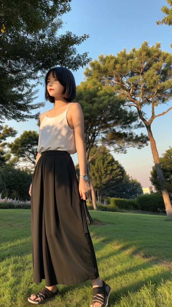 ((Best quality))((realistic))((full body))((face detail))A girl. Short black hair .long skirt. Sunset . Shadow shading . trees. Walking. chill