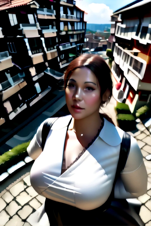 Big Breasts Angel, Wearing a gorgeous dress that covers the whole body, (Floating in the air:1.4), photo background, outdoors, daytime, sunny, (residential area viewing from above:1.4), (best quality, masterpiece:1.2), (realistic, photo-realistic:1.4), photorealistic,