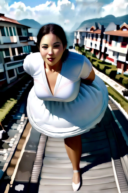 Big Breasts Angel, Wearing a gorgeous dress that covers the whole body, (Floating in the air:1.4), photo background, outdoors, daytime, sunny, (residential area viewing from above:1.4), (best quality, masterpiece:1.2), (realistic, photo-realistic:1.4), photorealistic,