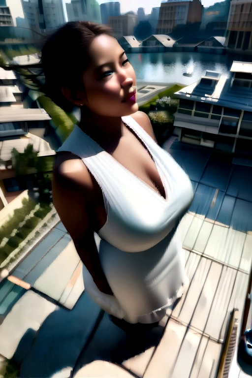 Big Breasts Angel, Wearing a gorgeous dress that covers the whole body, (Floating in the air:1.4), photo background, outdoors, daytime, sunny, (residential area viewing from above:1.4), (best quality, masterpiece:1.2), (realistic, photo-realistic:1.4), photorealistic,