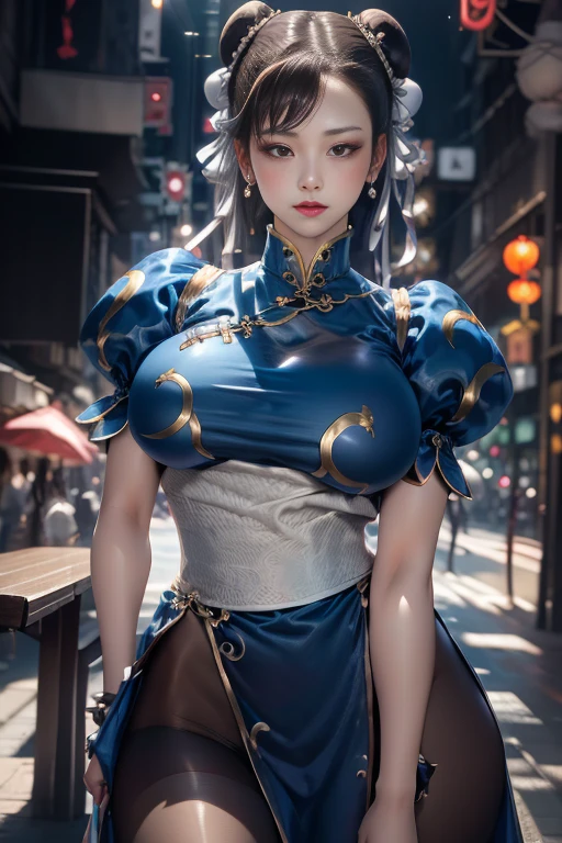 《Street Fight II》Chun-Li,Perfect Chun-Li Costume,Blue Chinese Dress with Gold Lines,burnhead,Good cover,Fighting Stance,masterpiece、1 beautiful girl、Beautiful eyes、Puffy eyes、best quality, 超high resolution, (Reality: 1.4), Cinema Lighting、,(((Full and soft breasts,)))(((Huge breasts))) (((Cleavage))) (Perfect curvy figure),、Asian Beauty、Korean、so beautiful、Beautiful skin、Body facing forward、Close-up of face、(超Reality的な)、(high resolution)、(8K)、(Very detailed)、(美しくBeautiful eyes)、(Very detailed)、 (wall-)、Delicate face、Bright Lights、Professional lighting、Looking at the audience、Direct vision、side fringe、Nogizaka Idol、Korean Idol、masterpiece, best quality, masterpiece, best quality, Perfect face, Perfect brown eyes with white sclera, Bad Move -5, Solitary, 1 girl, Upper Body, Brown hair, From SF2, Chinese service, Smile, muscular woman, Blue clothes, Pantyhose, Pelvic Curtain, Puff sleeves, Good cover, sash, Evaluate: