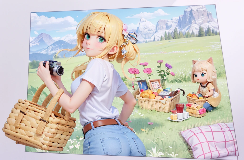 3D render of girl, long blondehair, hair bangs, holding camera and picnic basket, white t-shirt, denim jeans with brown belt, flowers, field scenery, green eyes, closed mouth smile, cute, big eyes, body facing back with head facing front, realistic