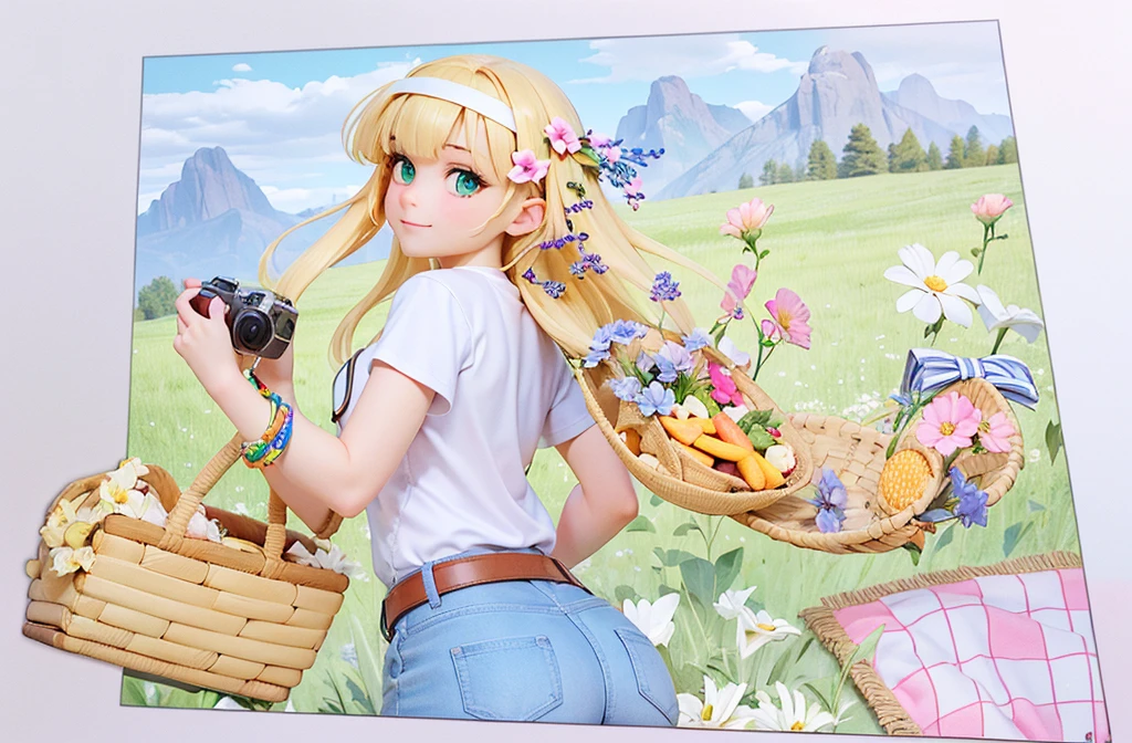 3D render of girl, long blondehair, hair bangs, holding camera and picnic basket, white t-shirt, denim jeans with brown belt, flowers, field scenery, green eyes, closed mouth smile, cute, big eyes, body facing back with head facing front, realistic