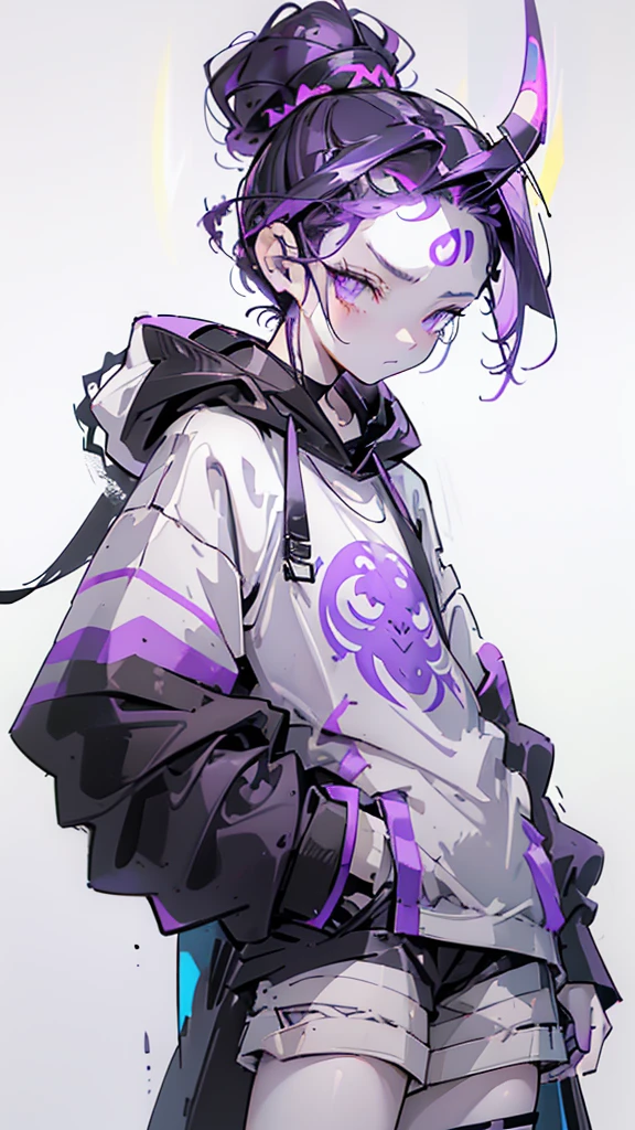 boy, thoughtful look, open forehead, black and purple hair braided into a ponytail on the left side in a bun. small curly black horns wrapped in white ribbon, pale violet eyes, short dark purple shorts. Long white t-shirt. dark purple knee socks. dark purple hooded robe. dark corridor with stairs, rays of light falling