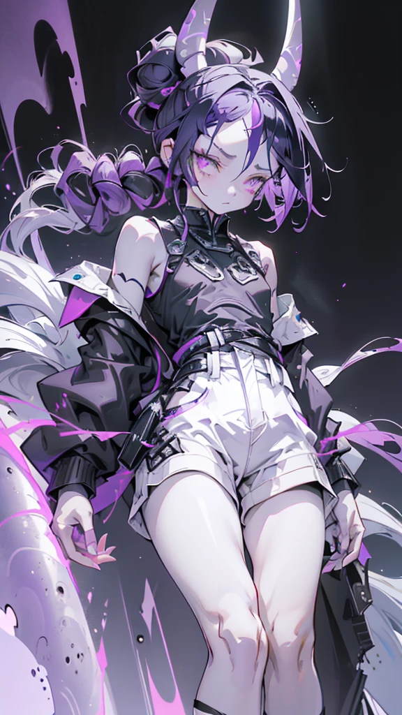 boy, thoughtful look, open forehead, black and purple hair braided into a ponytail on the left side in a bun. small curly black horns wrapped in white ribbon, pale violet eyes, short dark purple shorts. Long white t-shirt. dark purple knee socks. dark purple hooded robe. dark corridor with stairs, rays of light falling