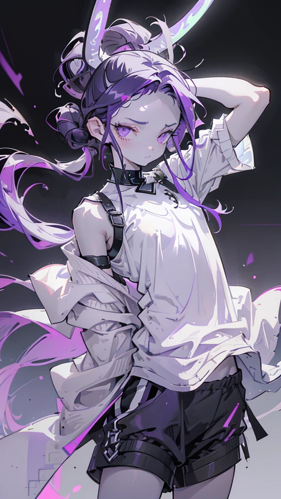 boy, thoughtful look, open forehead, black and purple hair braided into a ponytail on the left side in a bun. small curly black horns wrapped in white ribbon, pale violet eyes, short dark purple shorts. Long white t-shirt. dark purple knee socks. dark purple hooded robe. dark corridor with stairs, rays of light falling