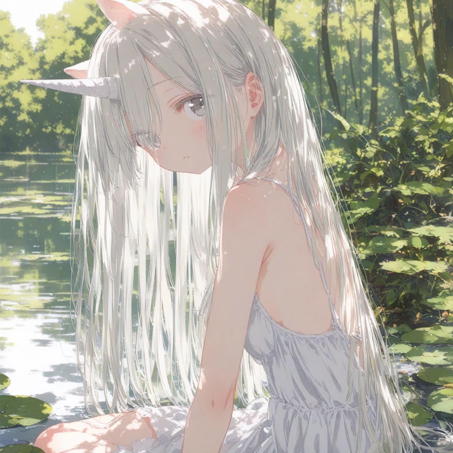 score_9, anime coloring, 1girl, unicorn girl, solo, white unicorn horn, grey white eyes, tareme, sacred existence, untouchable, kneeling, looking back, head tilt, platinum blonde longhair, hair over eye, holy sundress, medium breast, upper body, albino, shiny skin, pale skin, secluded regions, small lake, forest, kneeling on lake surface, sunlight shadow, dof, close up, close range