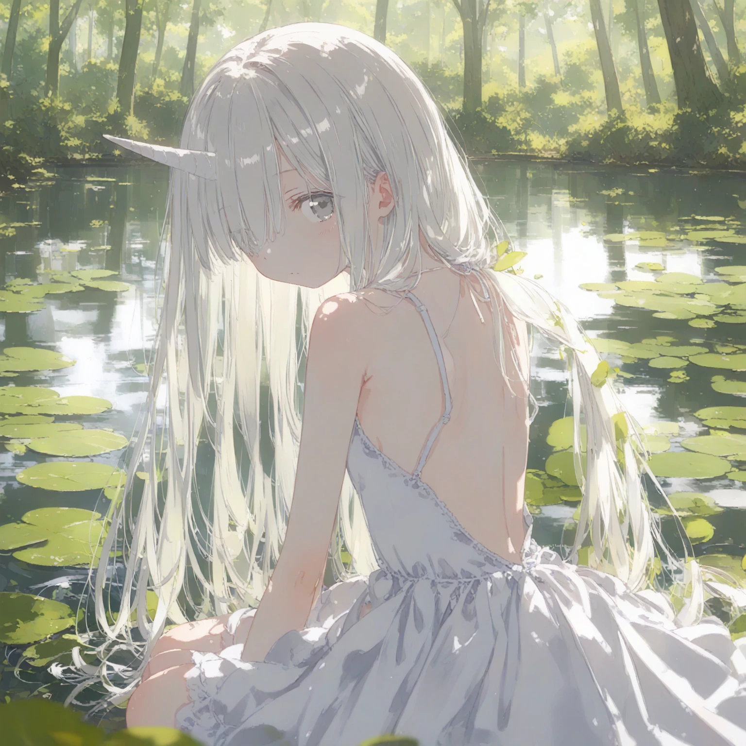 score_9, anime coloring, 1girl, unicorn girl, solo, white unicorn horn, grey white eyes, tareme, sacred existence, untouchable, kneeling, looking back, head tilt, platinum blonde longhair, hair over eye, holy sundress, medium breast, upper body, albino, shiny skin, pale skin, secluded regions, small lake, forest, kneeling on lake surface, sunlight shadow, dof, close up, close range