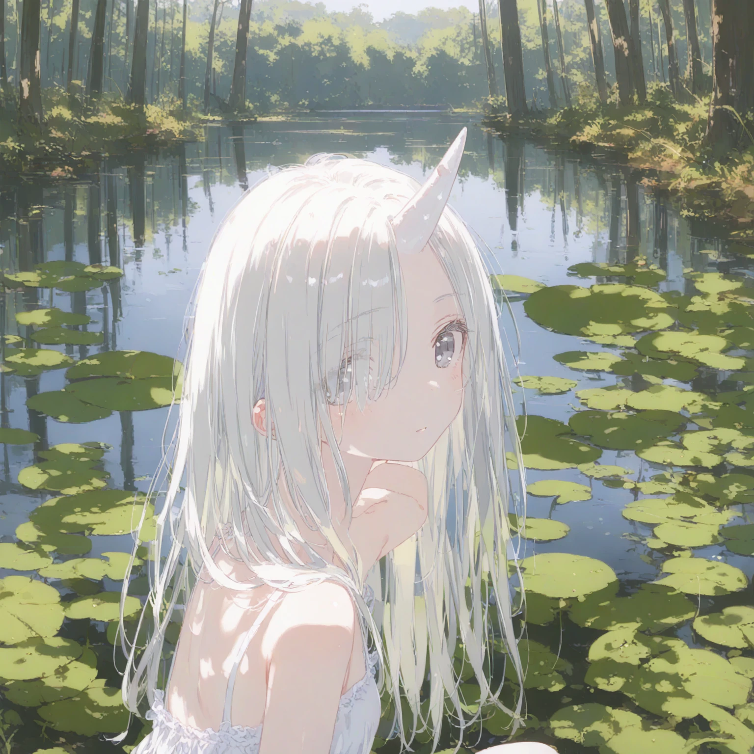 score_9, anime coloring, 1girl, unicorn girl, solo, white unicorn horn, grey white eyes, tareme, sacred existence, untouchable, kneeling, looking back, head tilt, platinum blonde longhair, hair over eye, holy sundress, medium breast, upper body, albino, shiny skin, pale skin, secluded regions, small lake, forest, kneeling on lake surface, sunlight shadow, dof, close up, close range