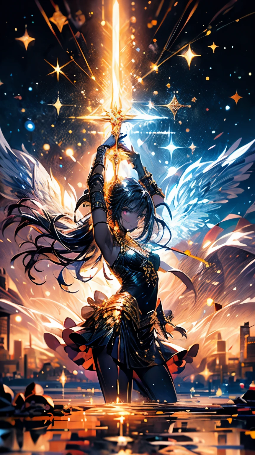 ((masterpiece:1.2, best quality, glow:1.4, dynamic lighting:1.2)), high detailed, intricate details, 1 girl, solo, white hair, yellow eyes, long hair, dress, wings, angel, angel wings, aurora, night, clouds, starry sky, stars, sparkle, necklace, ribbon, heavenly sky filled with soft, fluffy clouds, golden light shining through, ethereal, warm, gentle, soft, cute, delicate facial features,, bokeh, sharp focus, midjourney