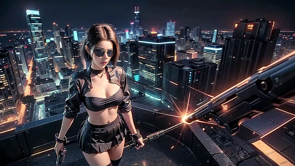 at night, futuristic sci-fi cyberpunk city, broad viaduct, skyscrapers at the end of the viaduct, the movie "13th Floor" style, hq. Matrix style, at night, (1girl, solo), photo realistic, (large-breast:1.2 slim body, cleavage), (((tube top, extreamly short pleated (((miniskirt))) exposing panty))), (((((matrix style black sunglasses))))), (((((aiming at camera with a (pistol)))))), (((half-body (thigh level) medium shot))), (cinematic lighting).