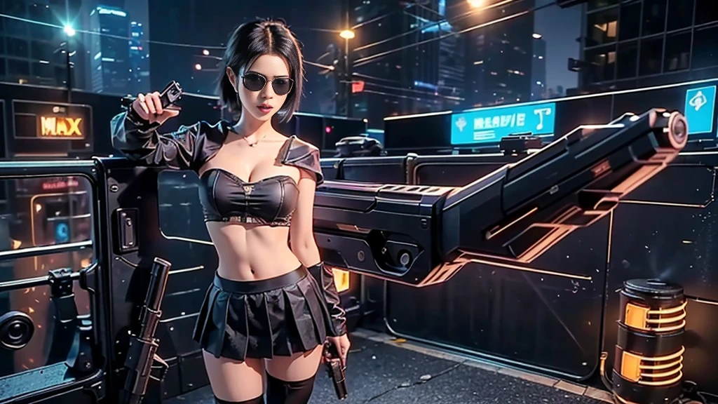 at night, futuristic sci-fi cyberpunk city, broad viaduct, skyscrapers at the end of the viaduct, the movie "13th Floor" style, hq. Matrix style, at night, (1girl, solo), photo realistic, (large-breast:1.2 slim body, cleavage), (((tube top, extreamly short pleated (((miniskirt))) exposing panty))), (((((matrix style black sunglasses))))), (((((aiming at camera with a (pistol)))))), (((half-body (thigh level) medium shot))), (cinematic lighting).